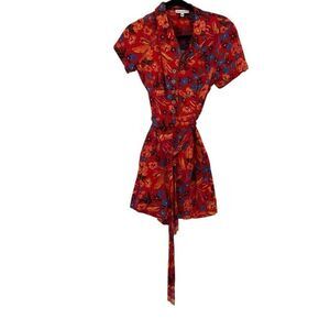 Maison d' Amelie Multicolor Floral Linen Blend Button Front Belted Romper Medium